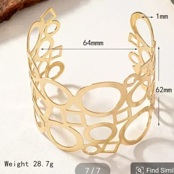 Cuff Bracelet 14K Gold Plated Art Deco Geometric Design - Picture 4 of 8